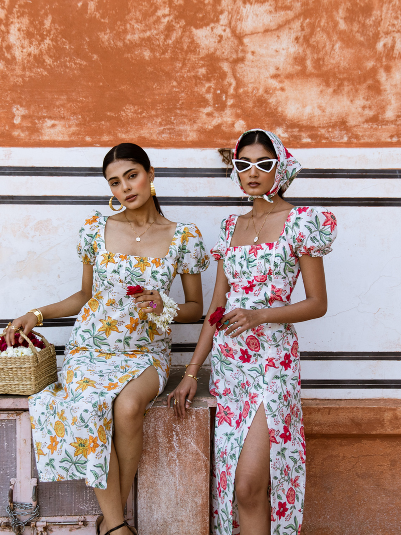 Raspberry & Rose Midi Dress  - Off Shoulder Printed Cotton Midi Dress