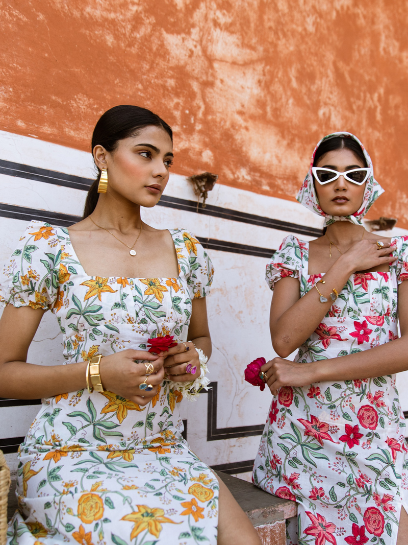 Raspberry & Rose Midi Dress  - Off Shoulder Printed Cotton Midi Dress