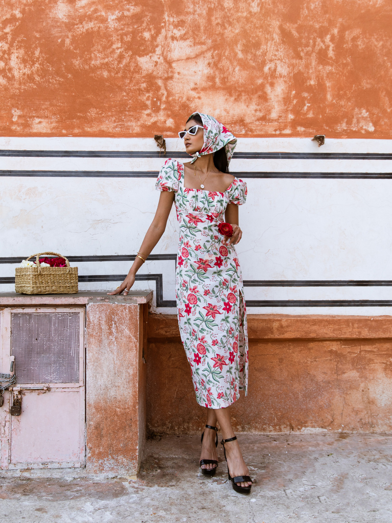 Raspberry & Rose Midi Dress  - Off Shoulder Printed Cotton Midi Dress