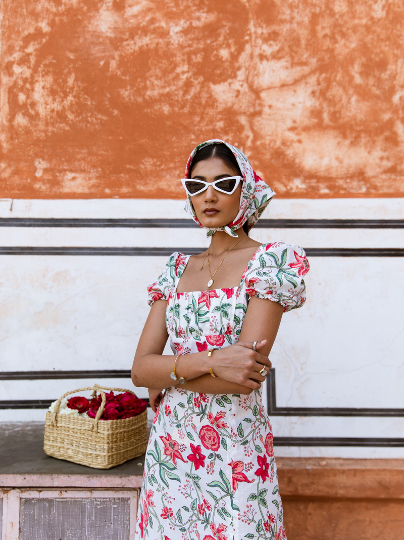 Raspberry & Rose Midi Dress  - Off Shoulder Printed Cotton Midi Dress