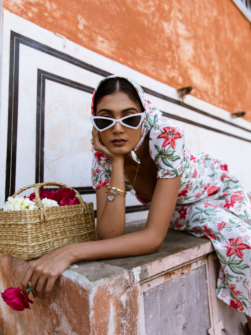 Raspberry & Rose Midi Dress  - Off Shoulder Printed Cotton Midi Dress