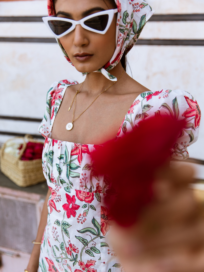 Raspberry & Rose Midi Dress  - Off Shoulder Printed Cotton Midi Dress