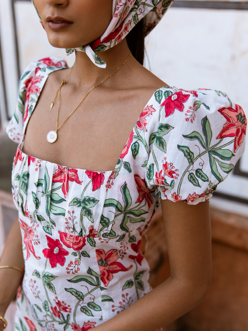 Raspberry & Rose Midi Dress  - Off Shoulder Printed Cotton Midi Dress