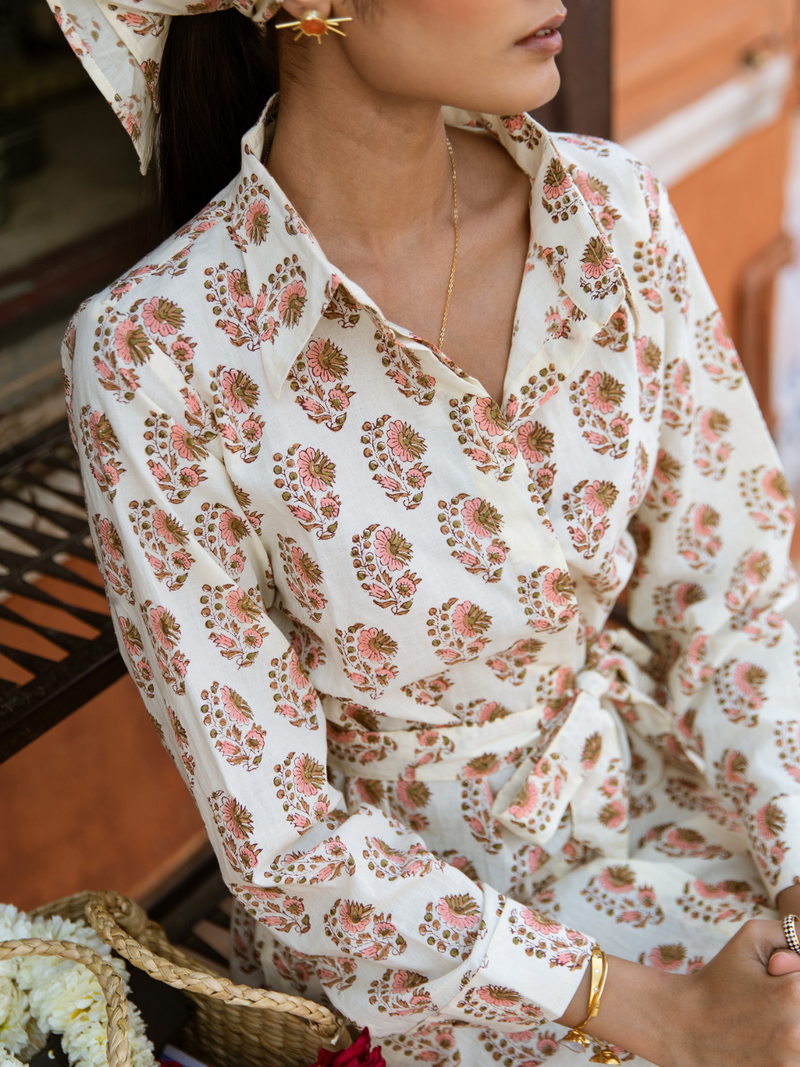 Peach Mamacita Dress - Printed Cotton Midi Shirt Dress