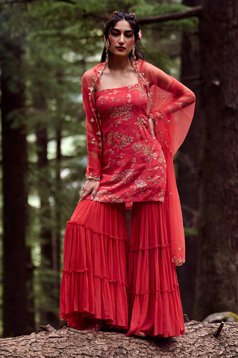 Maura Kurta Set crepe by Paulmi & Harsh-kahan Sep'26 in red for women in Singapore