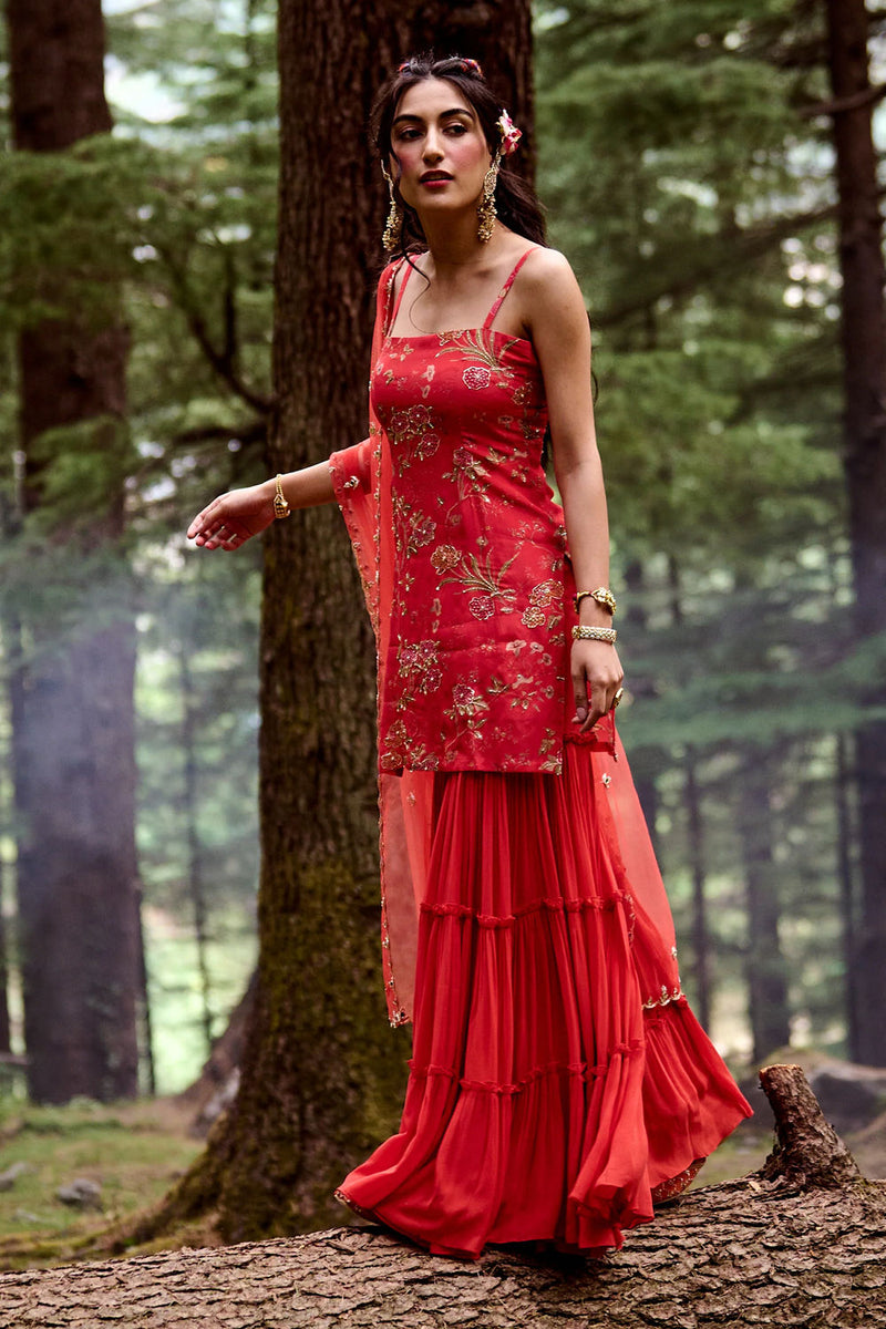 Maura Kurta Set crepe by Paulmi & Harsh-kahan Sep'26 in red for women in Singapore