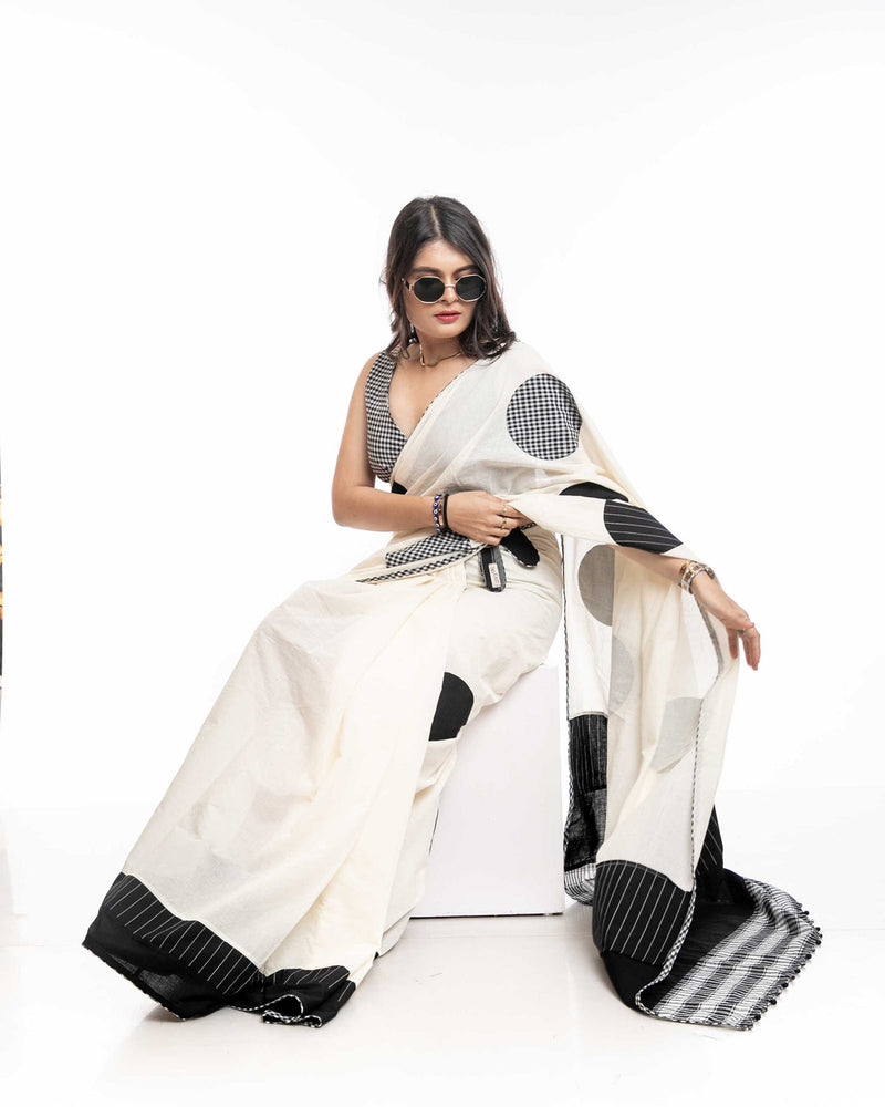 Starry Speckle Saree cotton,gamcha saree by 145 East in white, black for women in Singapore