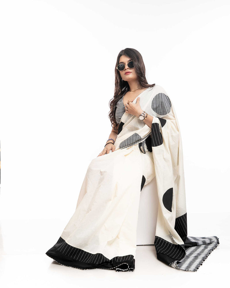 Starry Speckle Saree cotton,gamcha saree by 145 East in white, black for women in Singapore
