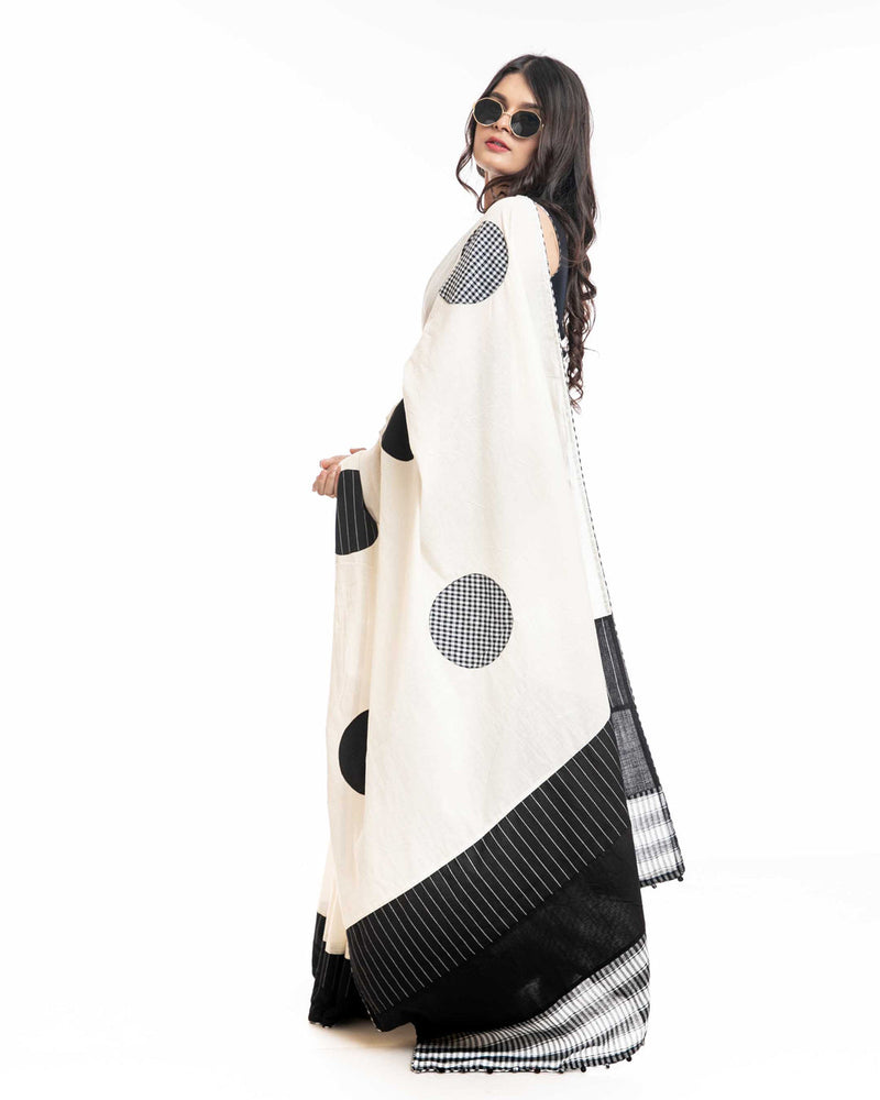 Starry Speckle Saree cotton,gamcha saree by 145 East in white, black for women in Singapore