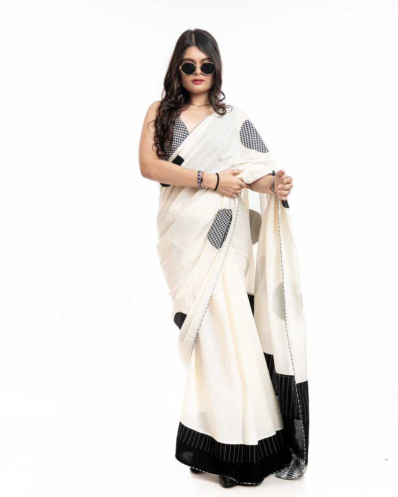 Starry Speckle Saree cotton,gamcha saree by 145 East in white, black for women in Singapore