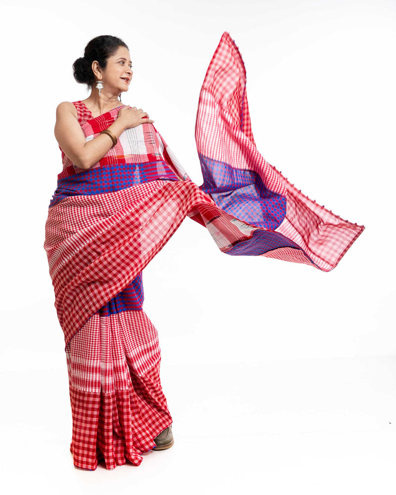 Fallen Hibiscus Saree gamcha saree by 145 East in white, red, purple for women in Singapore