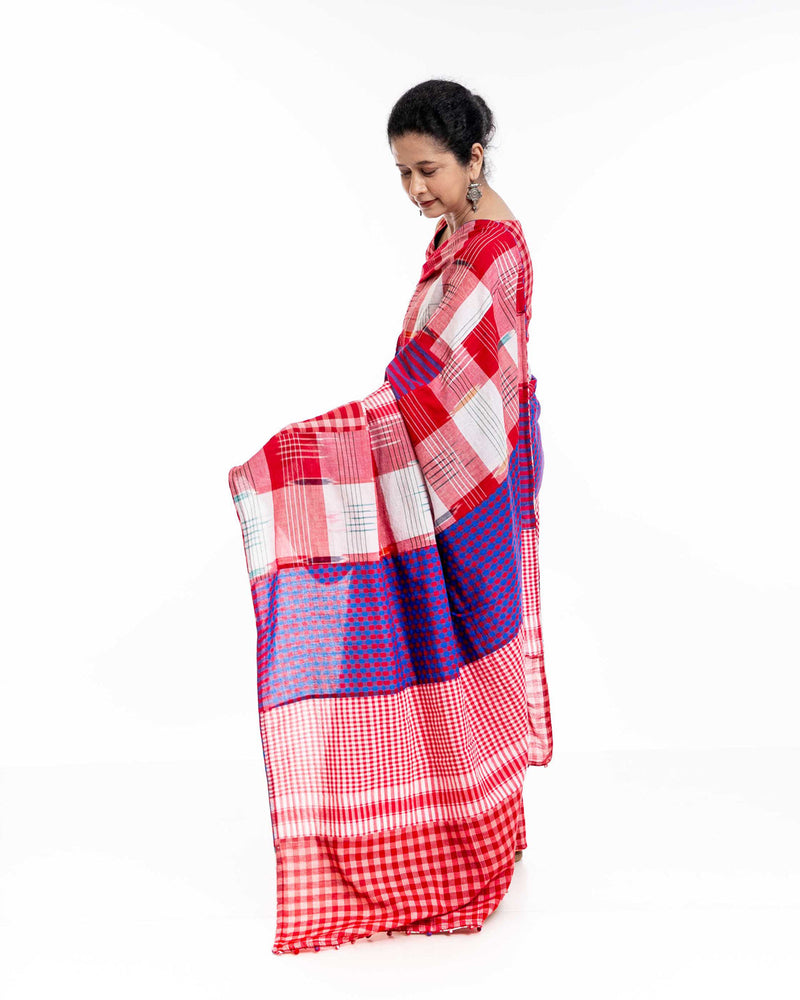 Fallen Hibiscus Saree gamcha saree by 145 East in white, red, purple for women in Singapore