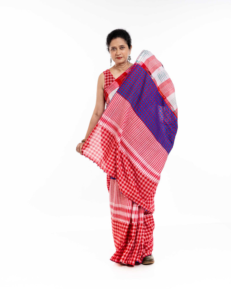 Fallen Hibiscus Saree gamcha saree by 145 East in white, red, purple for women in Singapore