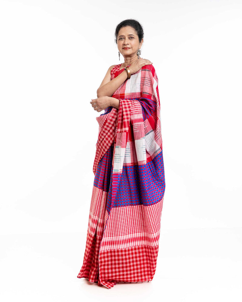 Fallen Hibiscus Saree gamcha saree by 145 East in white, red, purple for women in Singapore