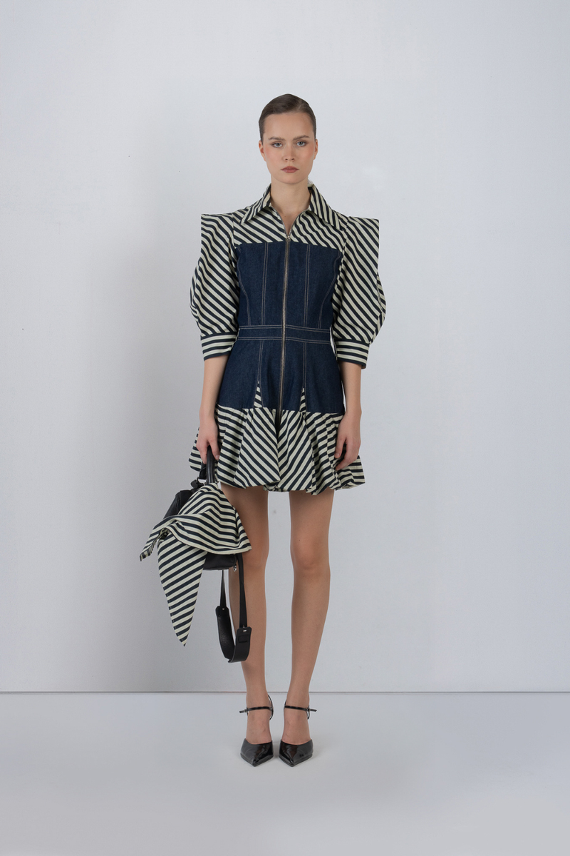 MER DRESS - Denim Blue + Black/White Stripes dress by Leh Studios in black/white for women in Singapore