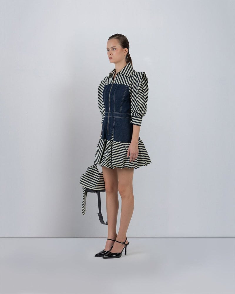MER DRESS - Denim Blue + Black/White Stripes dress by Leh Studios in black/white for women in Singapore