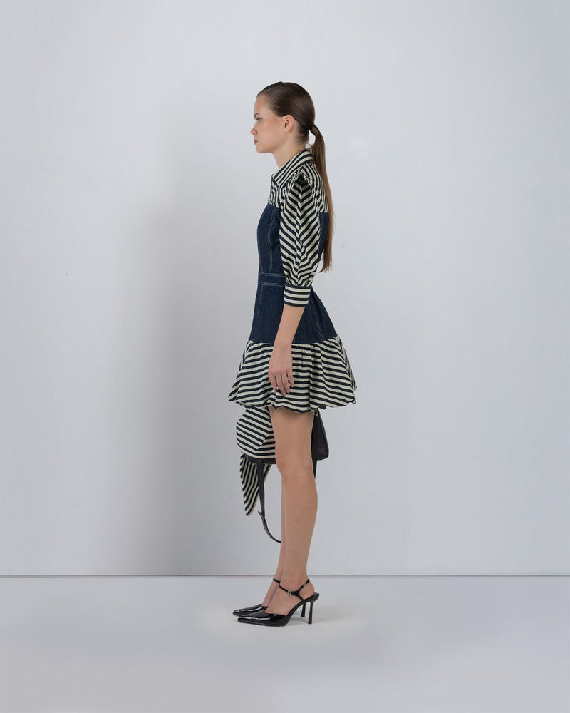 MER DRESS - Denim Blue + Black/White Stripes dress by Leh Studios in black/white for women in Singapore