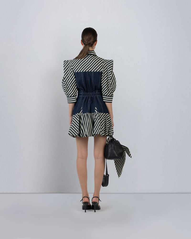 MER DRESS - Denim Blue + Black/White Stripes dress by Leh Studios in black/white for women in Singapore