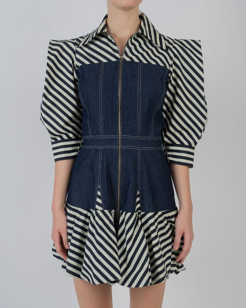 MER DRESS - Denim Blue + Black/White Stripes dress by Leh Studios in black/white for women in Singapore