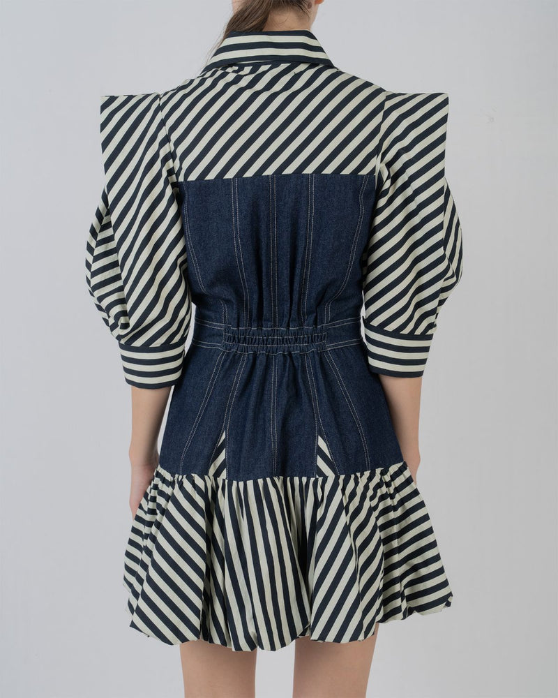 MER DRESS - Denim Blue + Black/White Stripes dress by Leh Studios in black/white for women in Singapore