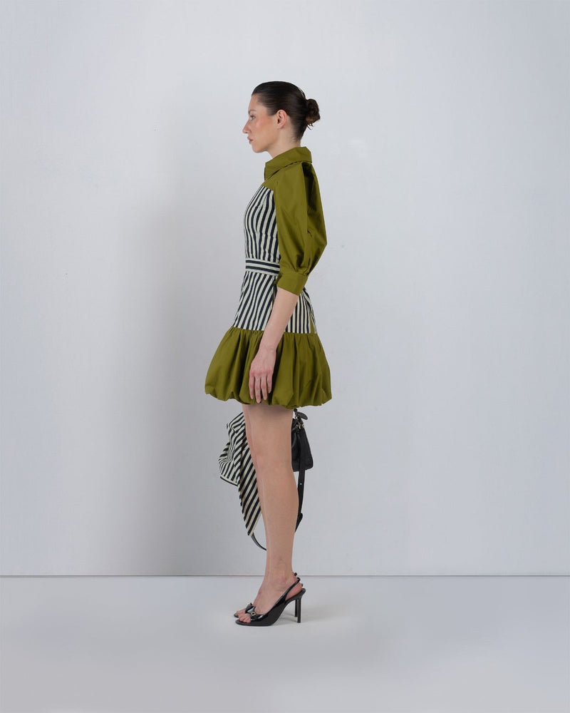 MER DRESS - Olive + Black/White Stripes dress by Leh Studios in olive for women in Singapore