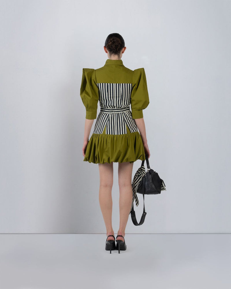 MER DRESS - Olive + Black/White Stripes dress by Leh Studios in olive for women in Singapore