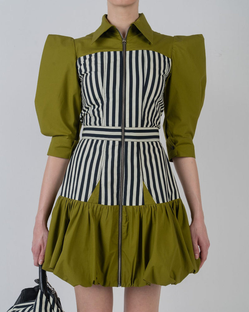 MER DRESS - Olive + Black/White Stripes dress by Leh Studios in olive for women in Singapore