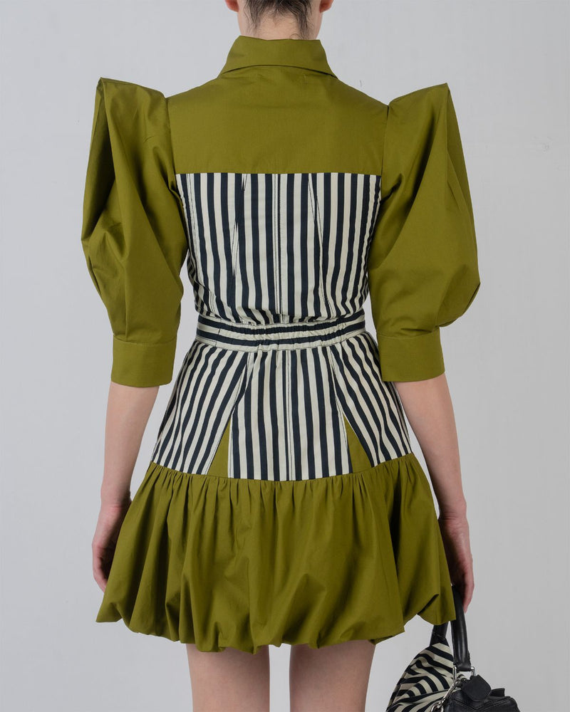 MER DRESS - Olive + Black/White Stripes dress by Leh Studios in olive for women in Singapore