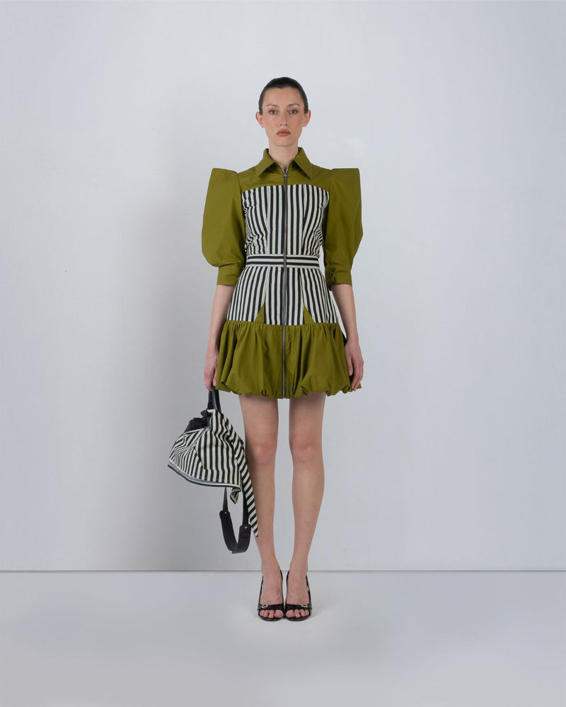 MER DRESS - Olive + Black/White Stripes dress by Leh Studios in olive for women in Singapore