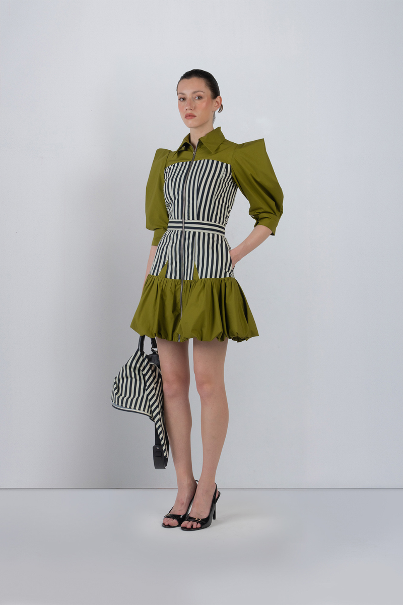 MER DRESS - Olive + Black/White Stripes dress by Leh Studios in olive for women in Singapore