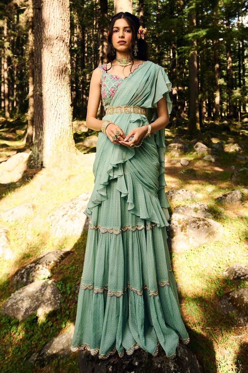 Minna Saree Set georgettte by Paulmi & Harsh-kahan Sep'26 in blue for women in Singapore