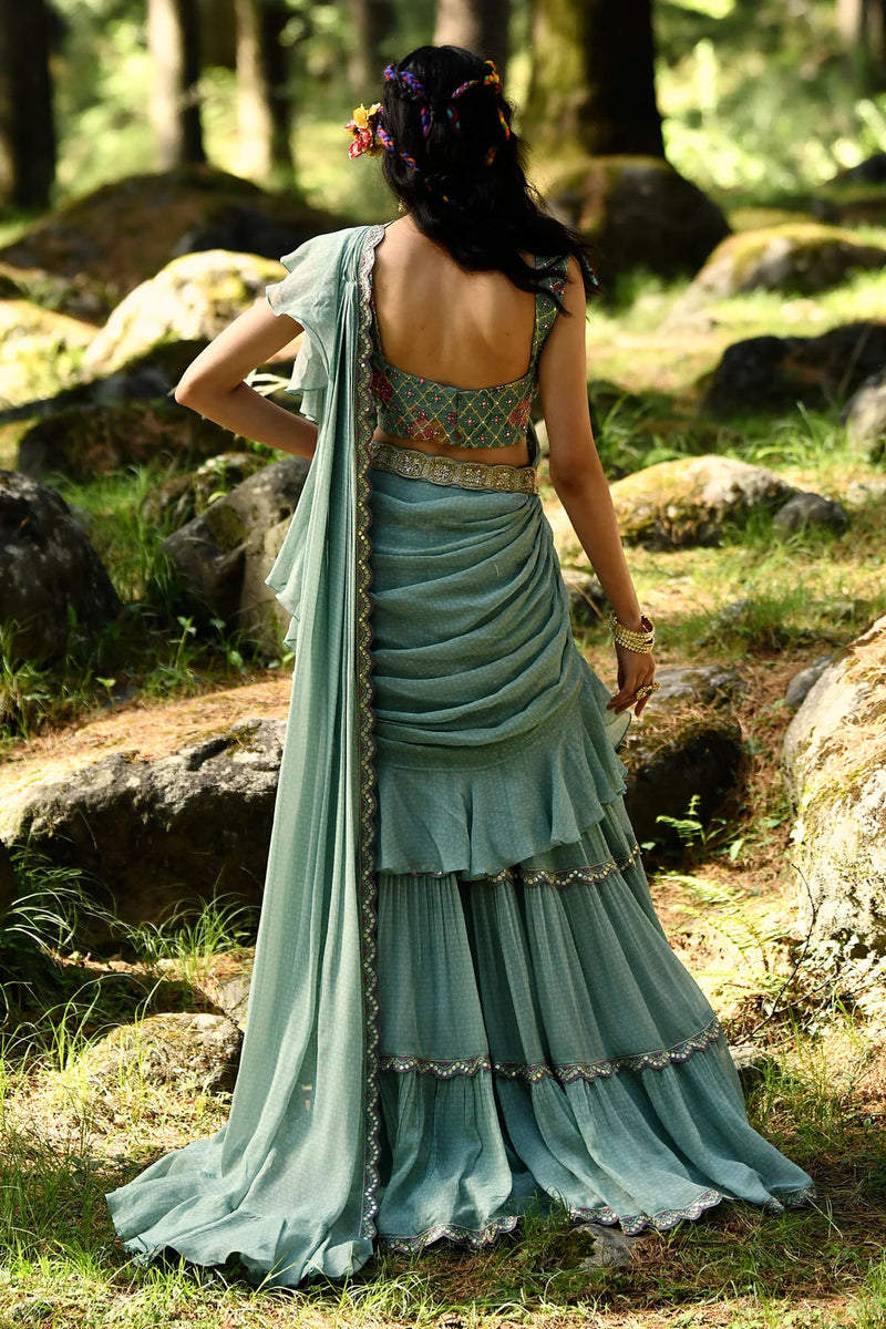 Minna Saree Set georgettte by Paulmi & Harsh-kahan Sep'26 in blue for women in Singapore