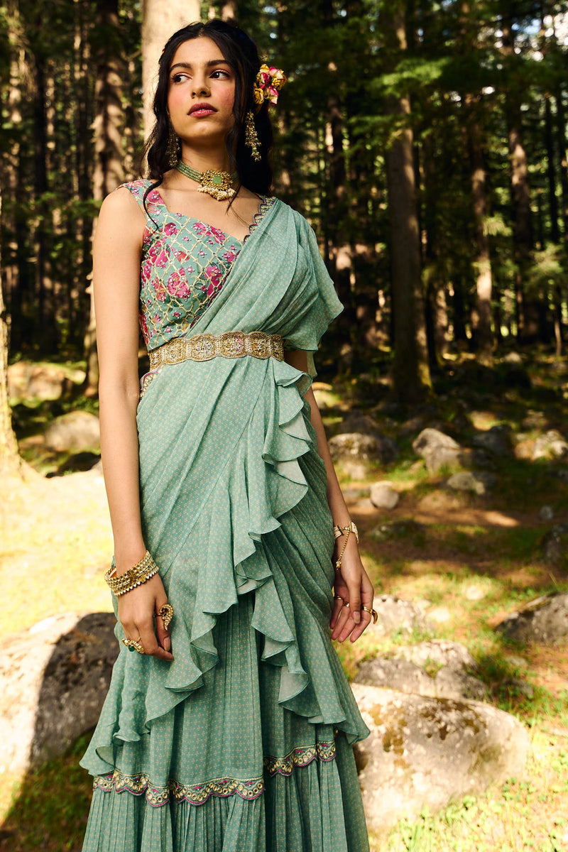 Minna Saree Set georgettte by Paulmi & Harsh-kahan Sep'26 in blue for women in Singapore