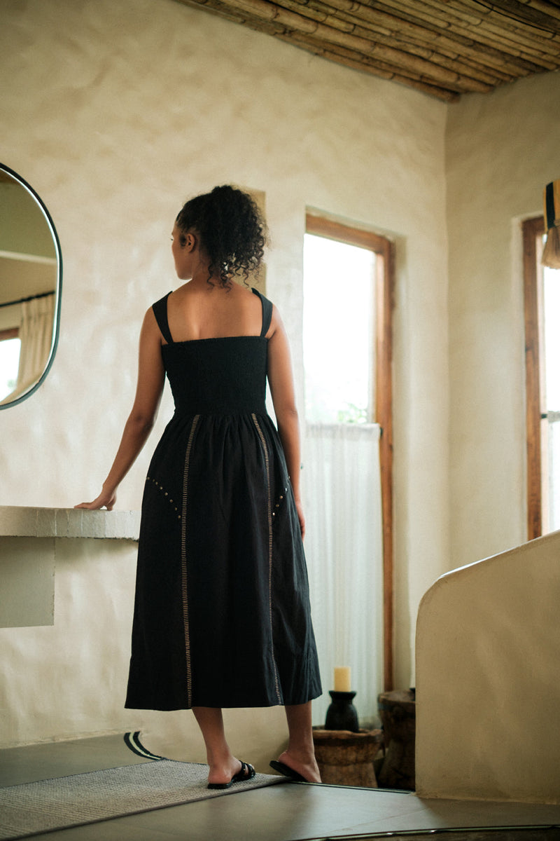 Kaza slip dress long Crushed Cotton dress by The Terra Tribe in black for women in Singapore