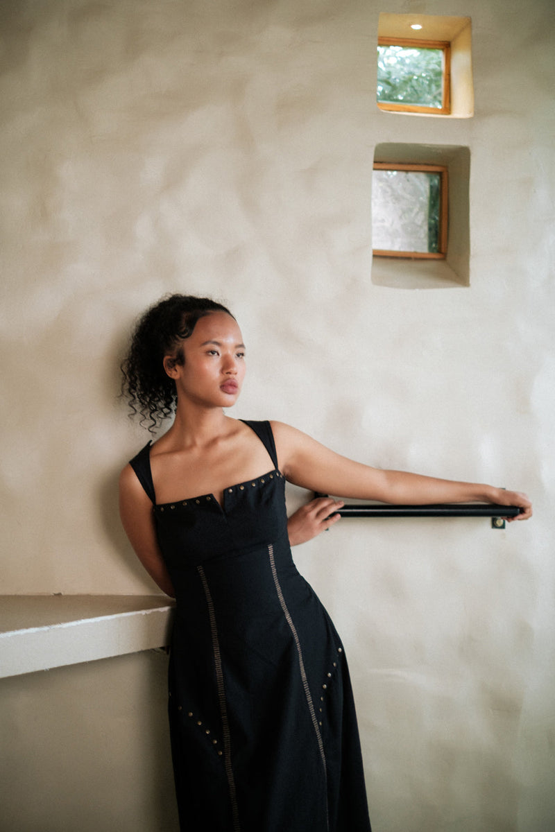 Kaza slip dress long Crushed Cotton dress by The Terra Tribe in black for women in Singapore