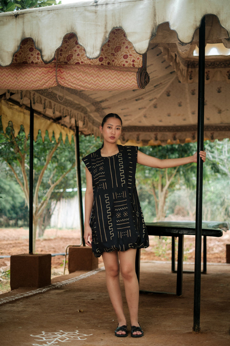 Nara gather dress Crushed Cotton dress by The Terra Tribe in black for women in Singapore