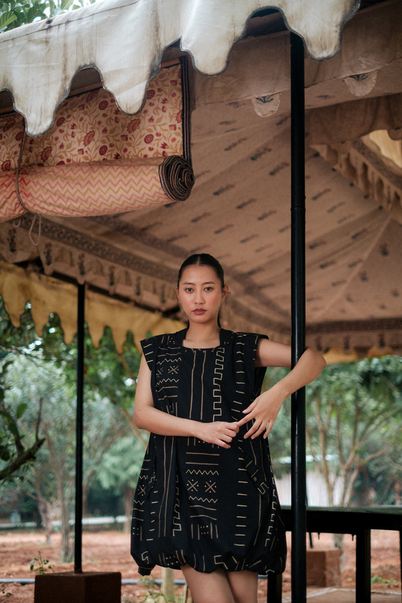 Nara gather dress Crushed Cotton dress by The Terra Tribe in black for women in Singapore