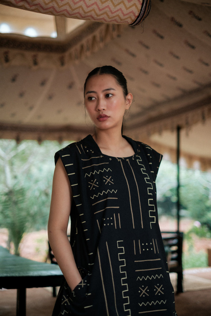 Nara gather dress Crushed Cotton dress by The Terra Tribe in black for women in Singapore