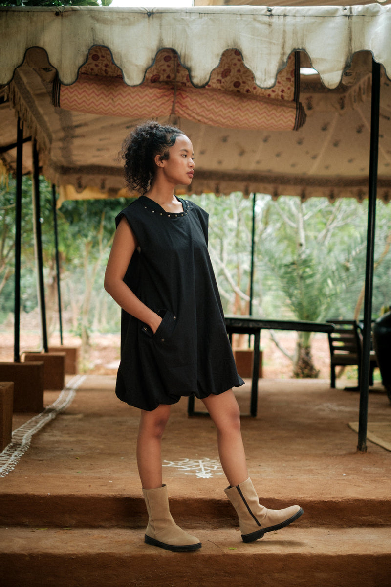 Nara gather dress Crushed Cotton dress by The Terra Tribe in black for women in Singapore