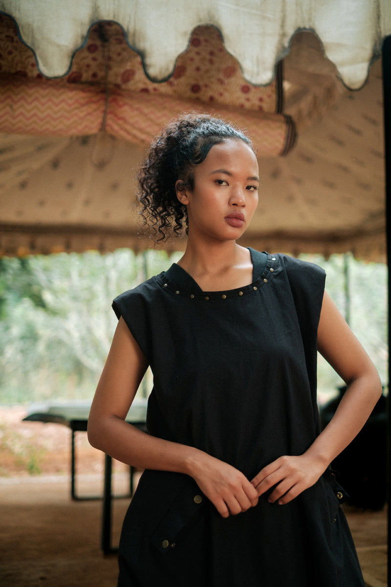 Nara gather dress Crushed Cotton dress by The Terra Tribe in black for women in Singapore