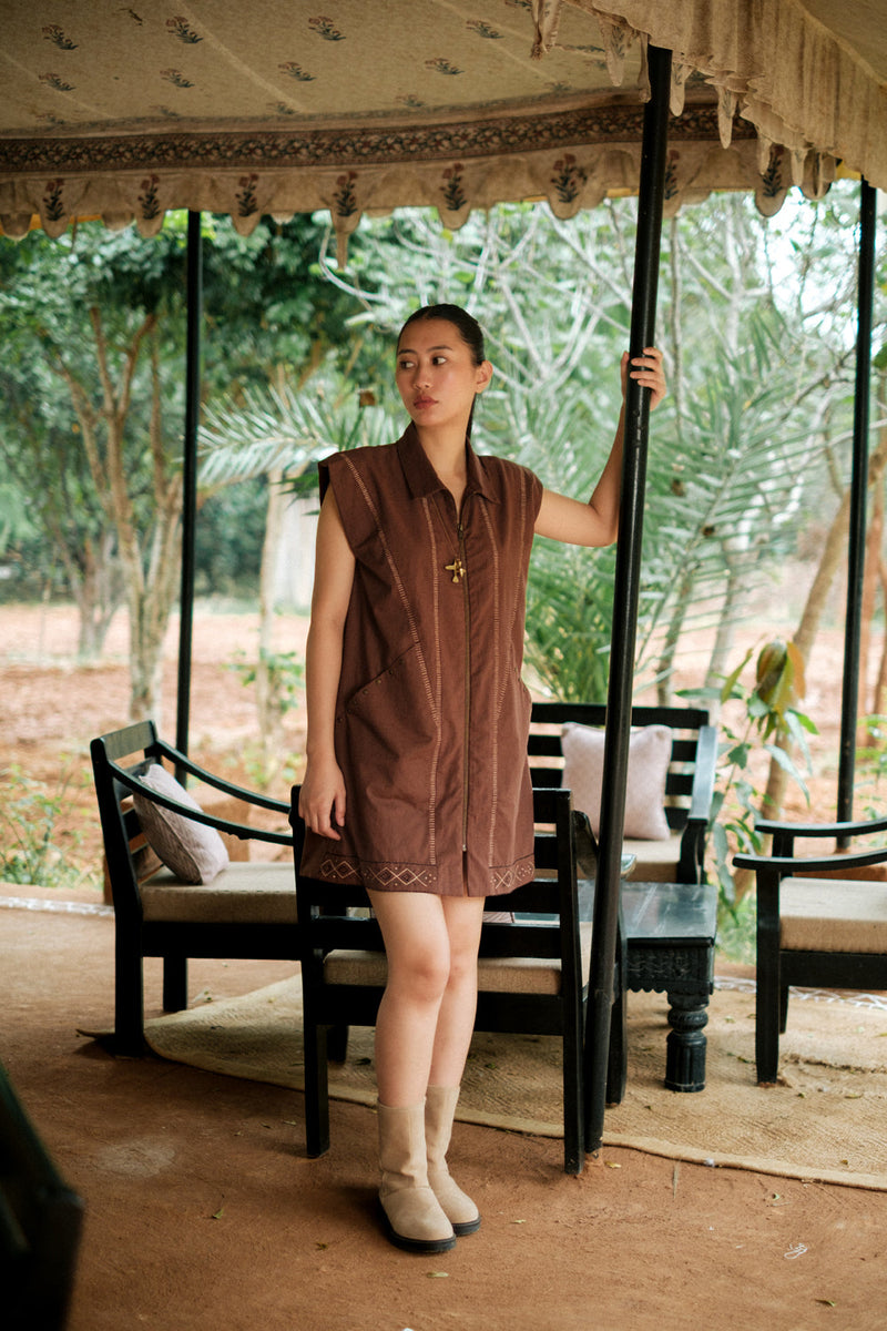 Antalya shirt jacket dress Crushed Cotton dress by The Terra Tribe in brown for women in Singapore