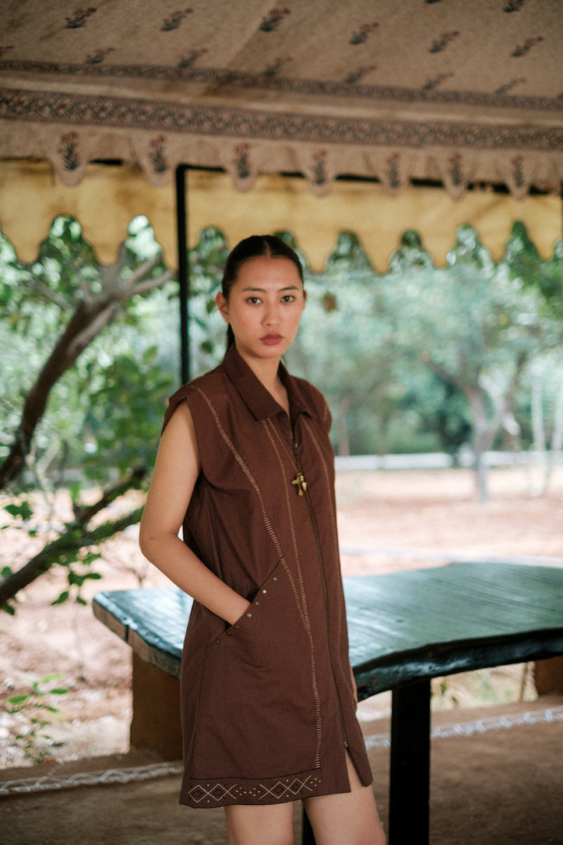 Antalya shirt jacket dress Crushed Cotton dress by The Terra Tribe in brown for women in Singapore