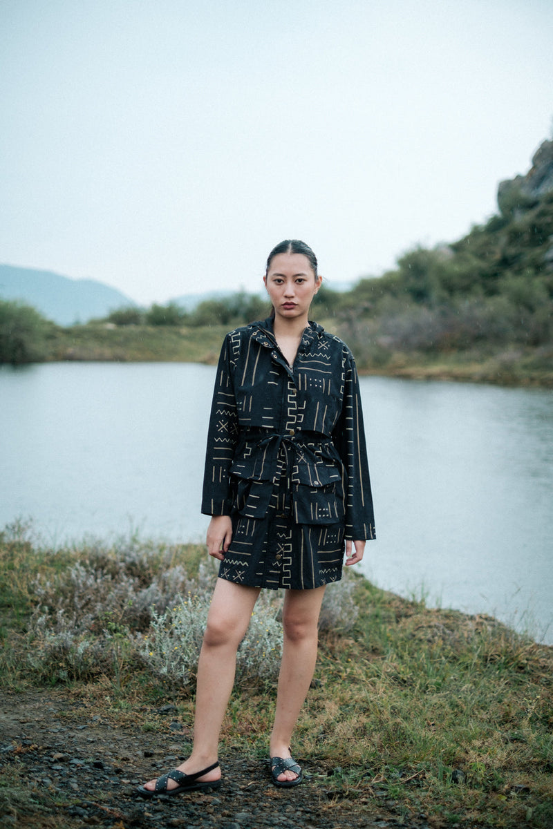 Bodrum utility jacket dress Crushed Cotton dress by The Terra Tribe in black for women in Singapore