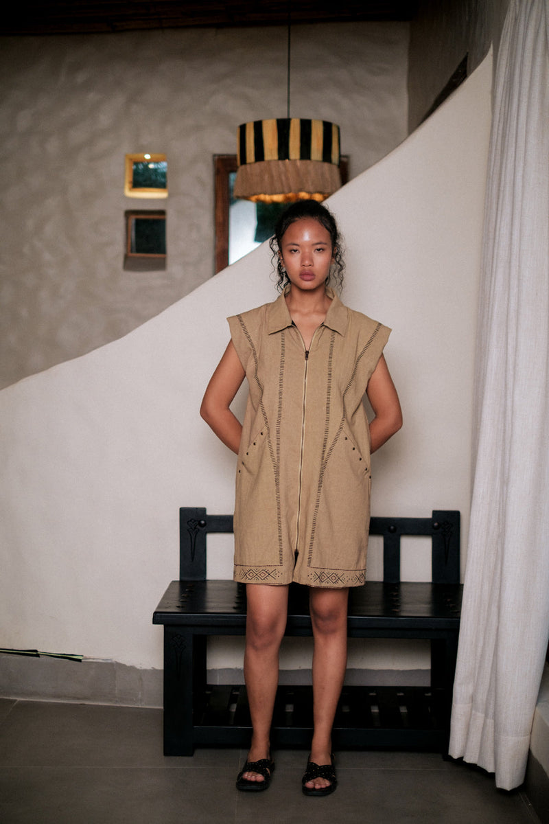Antalya shirt jacket dress Crushed Cotton dress by The Terra Tribe in brown for women in Singapore