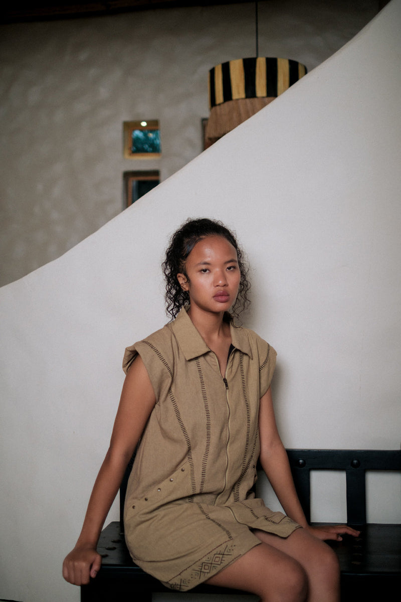 Antalya shirt jacket dress Crushed Cotton dress by The Terra Tribe in brown for women in Singapore