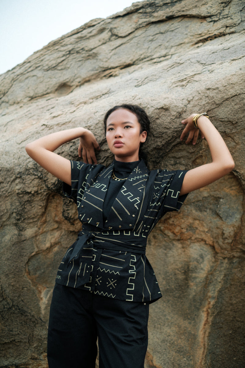 Berlin Shawl collar Top Crushed Cotton top/shirt by The Terra Tribe in black for women in Singapore