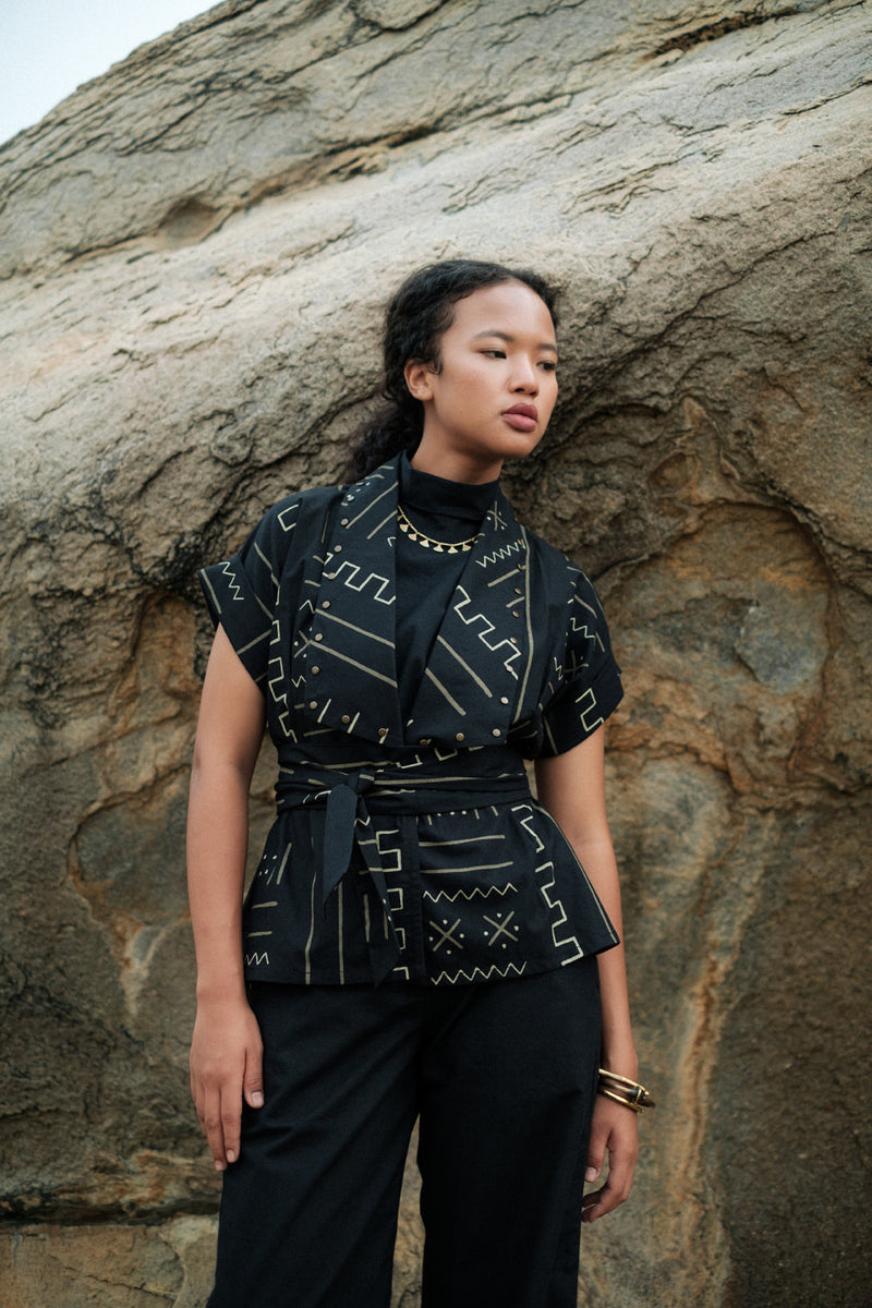 Berlin Shawl collar Top Crushed Cotton top/shirt by The Terra Tribe in black for women in Singapore