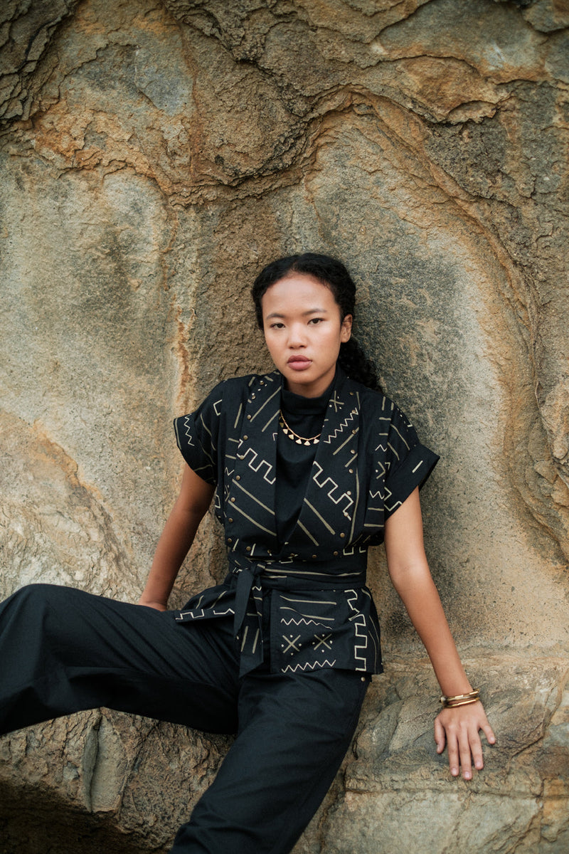 Berlin Shawl collar Top Crushed Cotton top/shirt by The Terra Tribe in black for women in Singapore
