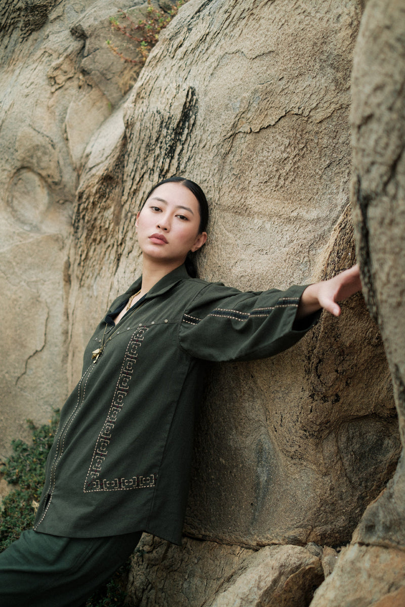 Morracan shirt Crushed Cotton top/shirt by The Terra Tribe in green for women in Singapore