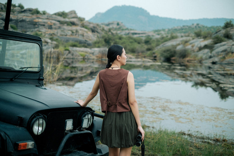 Toyo vest Crushed Cotton jacket/overlay by The Terra Tribe in green for women in Singapore
